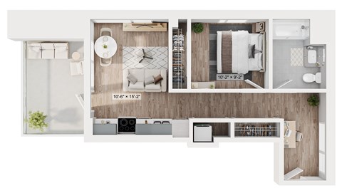 A floor plan of a small apartment with a kitchen, living room, and bathroom.